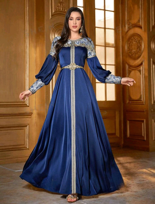 Blue Dress with brocade detail. Includes belt