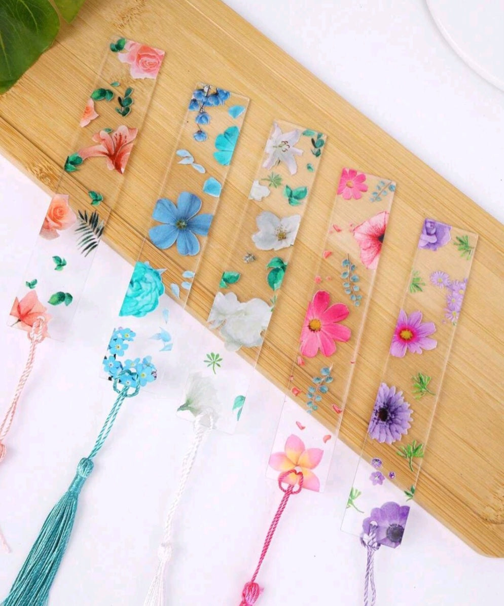 5 pcs multicolor flower transparency bookmark with tassel