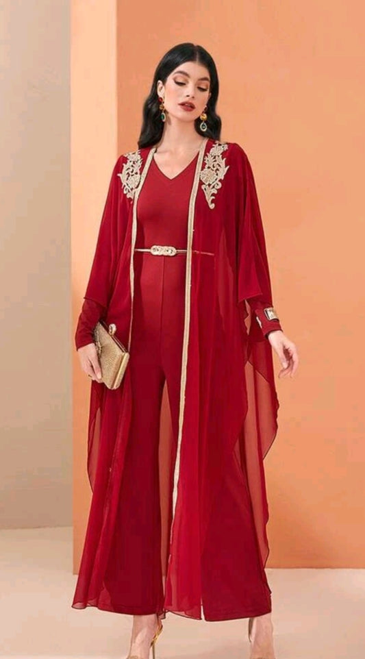 Red Jumpsuit with chiffon throw