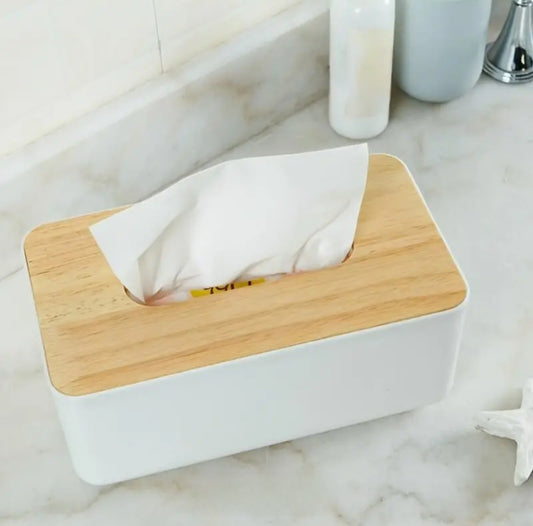 White tissue box with wooden lid
