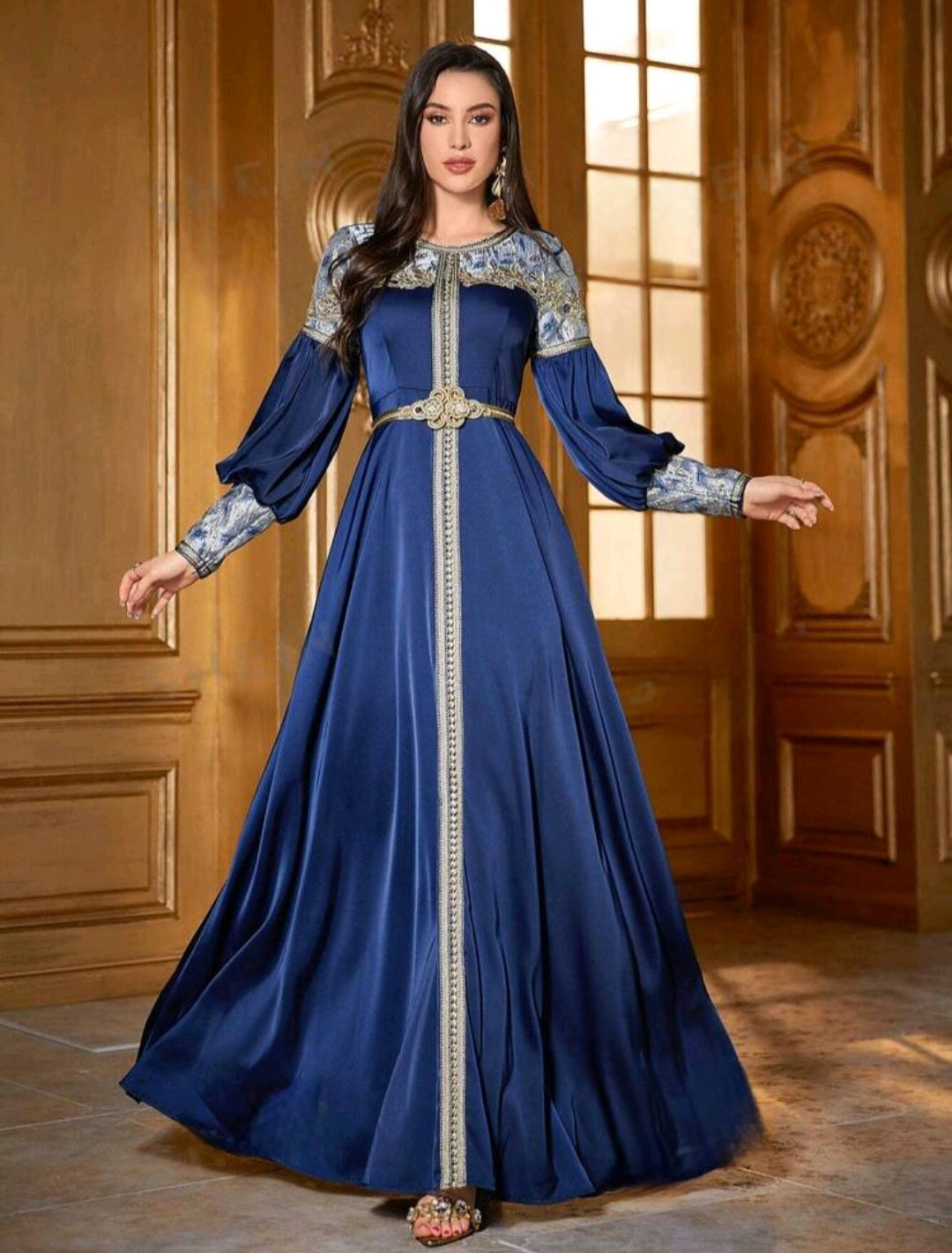 Blue Dress with brocade detail. Includes belt