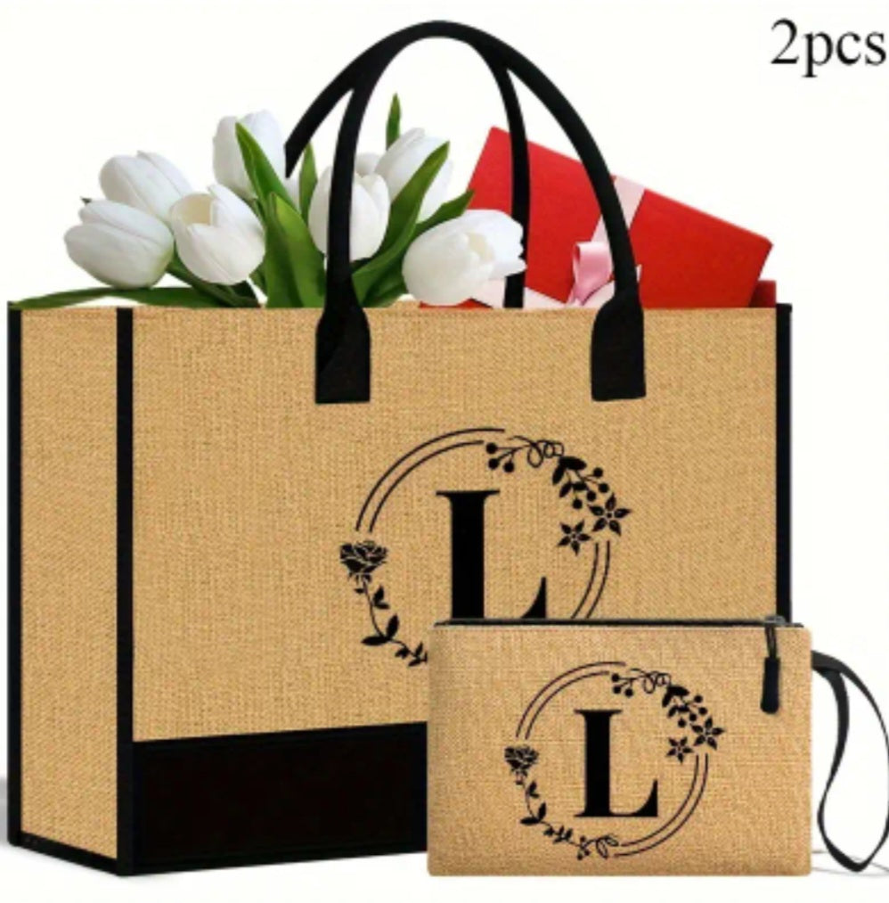 Initial Tote Bag & Cosmetic Pouch