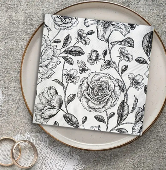 Black & white floral serviettes - pack of 20